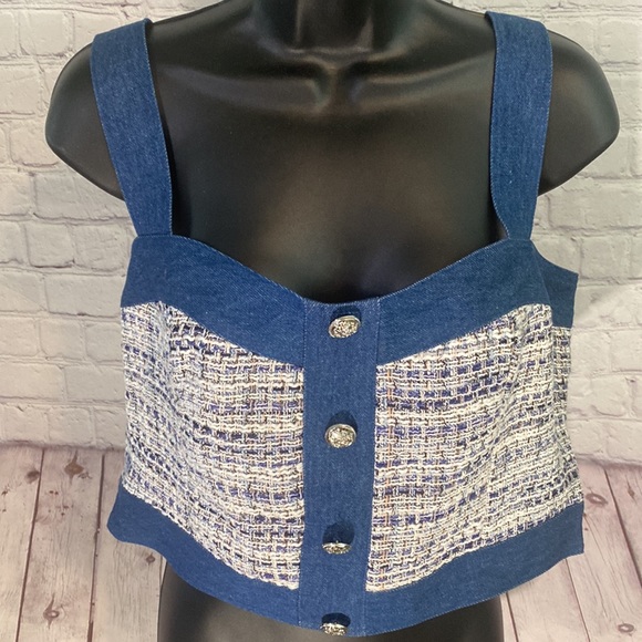 NWT DENIM & TWEED BUTTON FRONT BUSTIER TOP - Picture 2 of 16